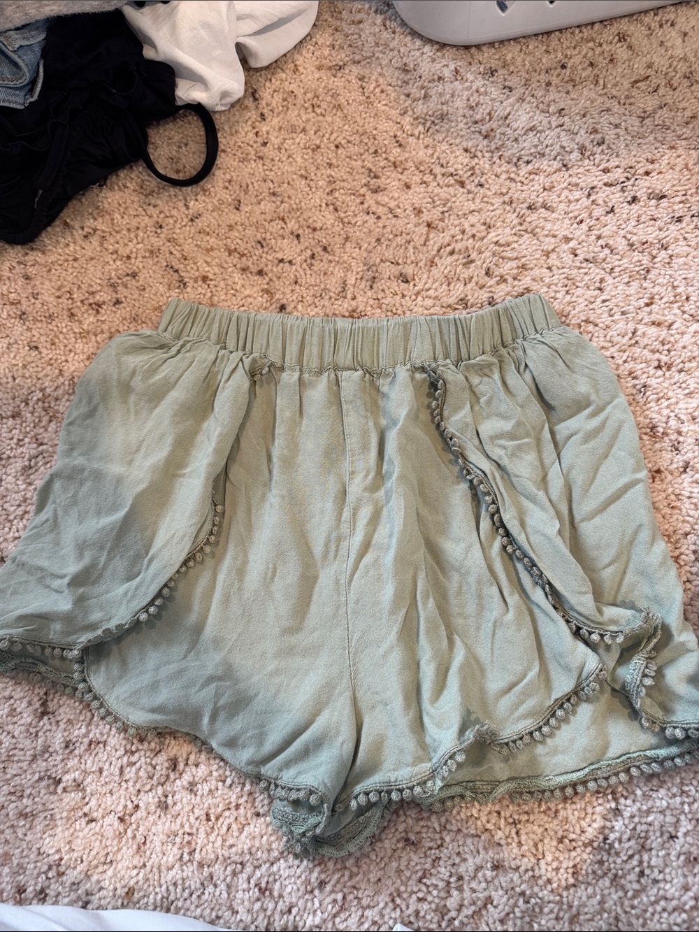 High-Waist Pom-Pom Trim Shorts in Sage